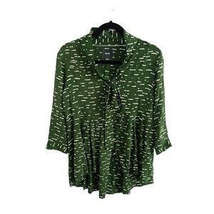 Anthropologie MAEVE Womens Blouse Top Green Cloud Print Bow Hi-Low XS
